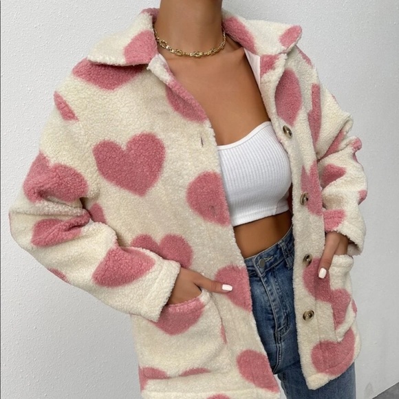 Jackets & Blazers - Teddy Sherpa coat jacket heart cream pink fuzzy warm collar winter